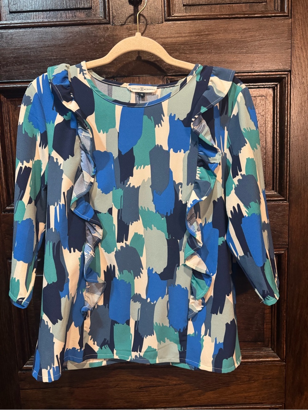 Printed Ruffle Front Blouse in Blue and Green